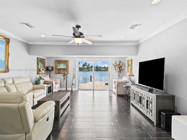 4231 NE 16th Ave, Oakland Park, FL 33334 - living room featuring recessed lighting, a ceiling fan, crown molding, baseboards, and dark wood-type flooring