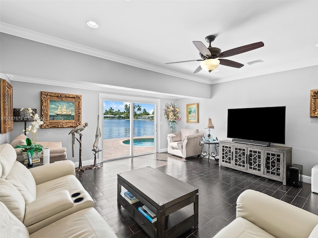 4231 NE 16th Ave, Oakland Park, FL 33334 - living room featuring baseboards, a ceiling fan, ornamental molding, recessed lighting, and dark wood finished floors