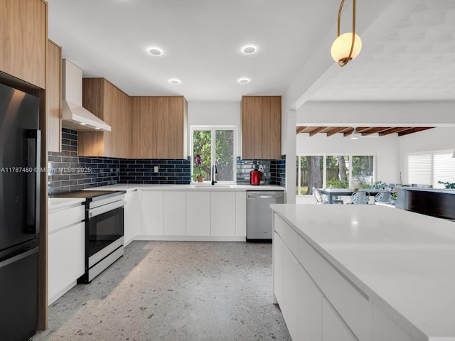 kitchen with wall chimney exhaust hood, modern cabinets, dishwasher, and electric range oven