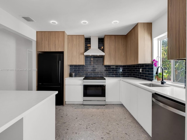 kitchen featuring white electric range, stainless steel dishwasher, a sink, freestanding refrigerator, and wall chimney exhaust hood