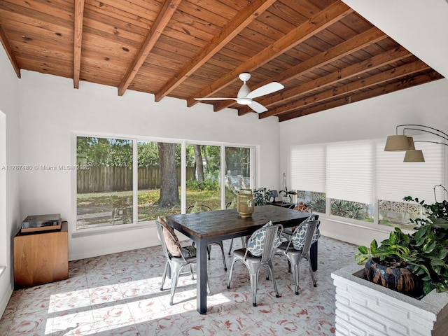 dining area with tile patterned floors, vaulted ceiling with beams, ceiling fan, wooden ceiling, and baseboards