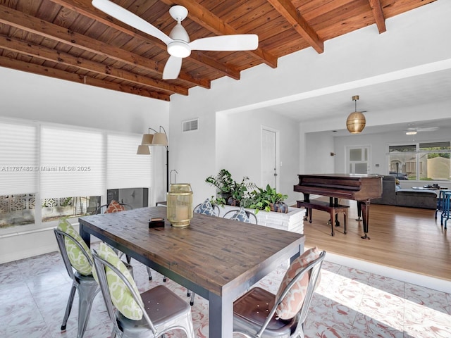 dining area with wood ceiling, beamed ceiling, visible vents, and ceiling fan