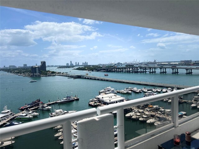 1717 N Bayshore Dr Unit A-1734, Miami, FL 33132 - water view featuring city skyline, a marina, and a notable bridge