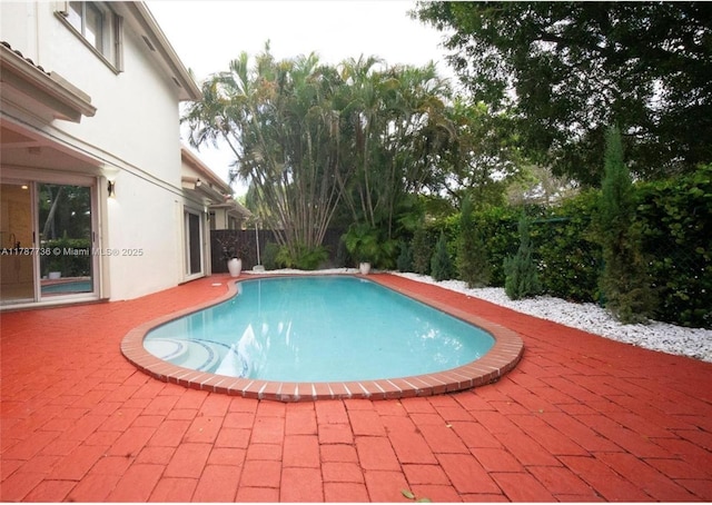 view of pool featuring a fenced in pool and a patio