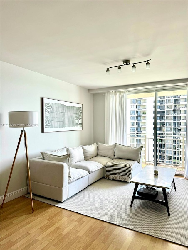 living room featuring baseboards, rail lighting, and light wood-style flooring