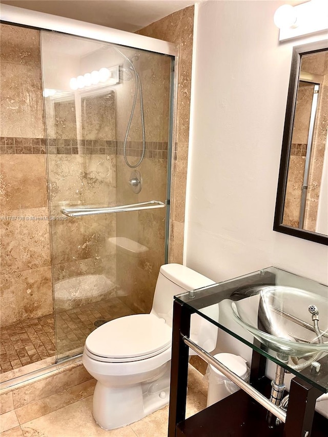 bathroom featuring a sink, a stall shower, and toilet
