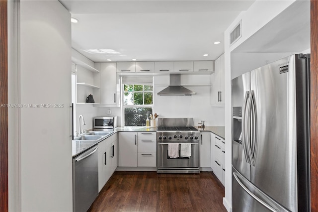760 Meridian Ave Unit 1, Miami Beach, FL 33139 - kitchen featuring white cabinets, a sink, wall chimney range hood, dark wood-type flooring, and appliances with stainless steel finishes