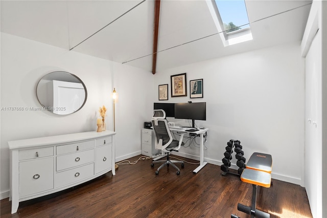 760 Meridian Ave Unit 1, Miami Beach, FL 33139 - office featuring baseboards, vaulted ceiling with skylight, and dark wood-style floors