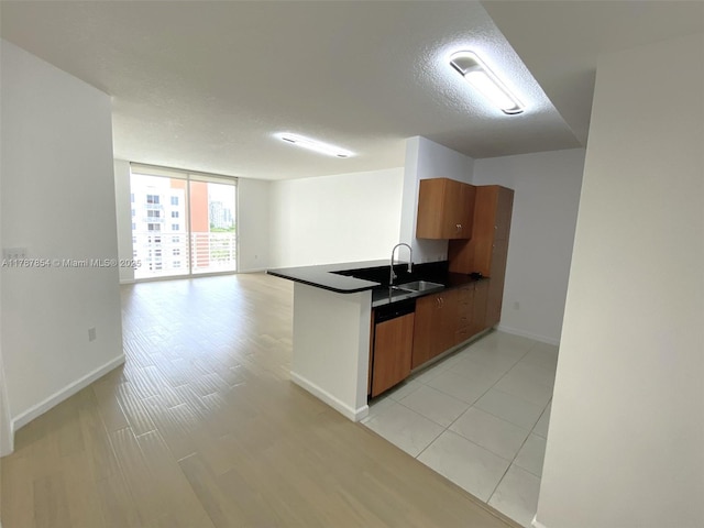 18800 NE 29th Ave Unit 1028, Aventura, FL 33180 - kitchen with a sink, dark countertops, baseboards, dishwashing machine, and brown cabinetry