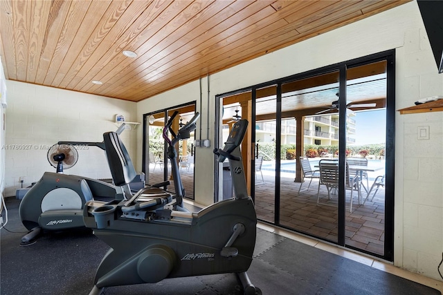 10000 S Ocean Dr Unit 703, Jensen Beach, FL 34957 - gym with wooden ceiling and concrete block wall