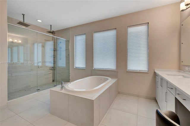 8608 Torrey Isles Ter, Boca Raton, FL 33496 - full bath featuring a stall shower, vanity, a garden tub, tile patterned floors, and recessed lighting