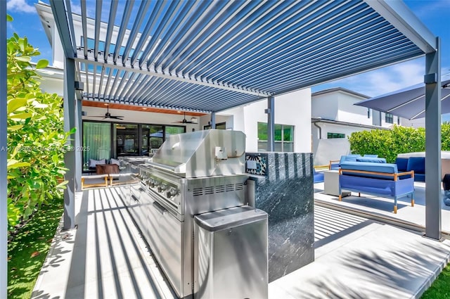8608 Torrey Isles Ter, Boca Raton, FL 33496 - wooden deck featuring a ceiling fan, an outdoor living space, a patio, and a grill