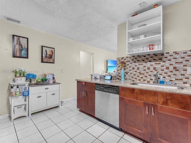 kitchen with stainless steel dishwasher, open shelves, a sink, backsplash, and visible vents