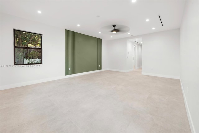 spare room featuring baseboards, recessed lighting, and ceiling fan
