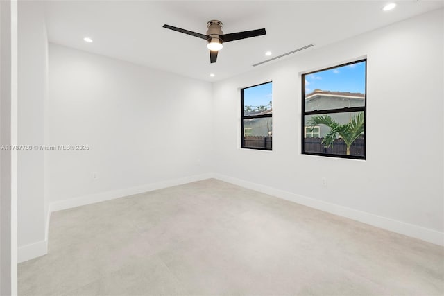 unfurnished room with baseboards, a ceiling fan, visible vents, and recessed lighting