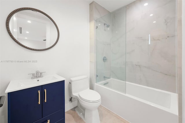 full bathroom with washtub / shower combination, toilet, and vanity