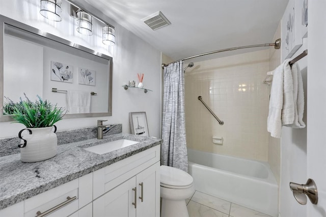 bathroom with vanity, marble finish floor, shower / tub combo, toilet, and visible vents