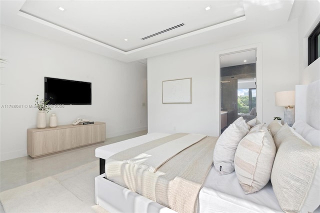 bedroom with visible vents, recessed lighting, a raised ceiling, and concrete floors