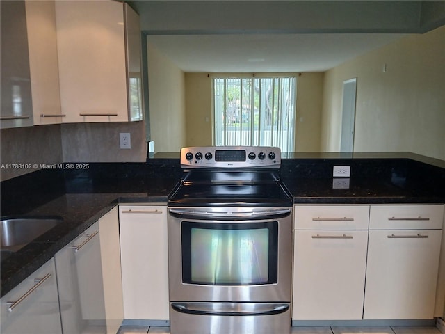 5950 Del Lago Cir Unit 112, Sunrise, FL 33313 - kitchen with stainless steel range with electric stovetop, dark stone countertops, and white cabinets