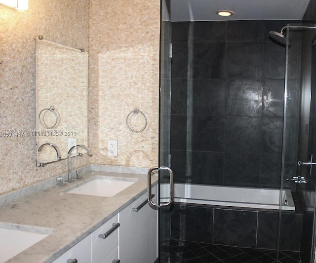 900 Biscayne Blvd Unit 3803, Miami, FL 33132 - full bath featuring tiled tub, a sink, double vanity, and tiled shower