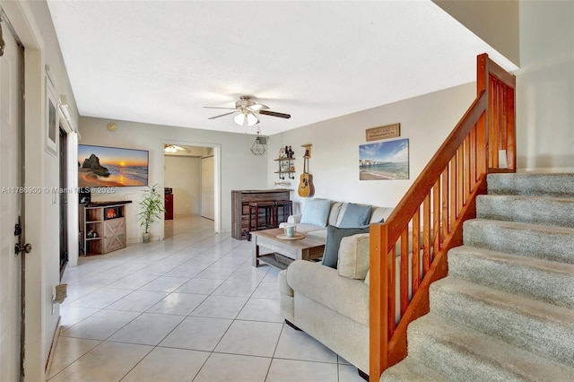 11914 SW 12th Ct, Davie, FL 33325 - living area with stairway, ceiling fan, and light tile patterned floors