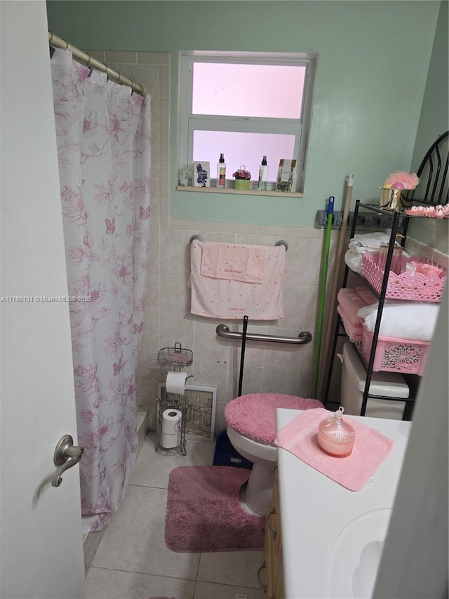 13061 SW 56th Ter, Miami, FL 33183 - bathroom with curtained shower, vanity, tile patterned flooring, and tile walls