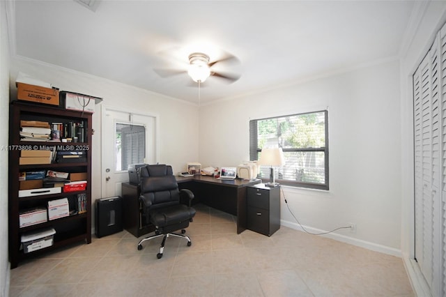 621 Hudson Rd, West Palm Beach, FL 33405 - office space featuring a ceiling fan, light tile patterned flooring, ornamental molding, and a healthy amount of sunlight