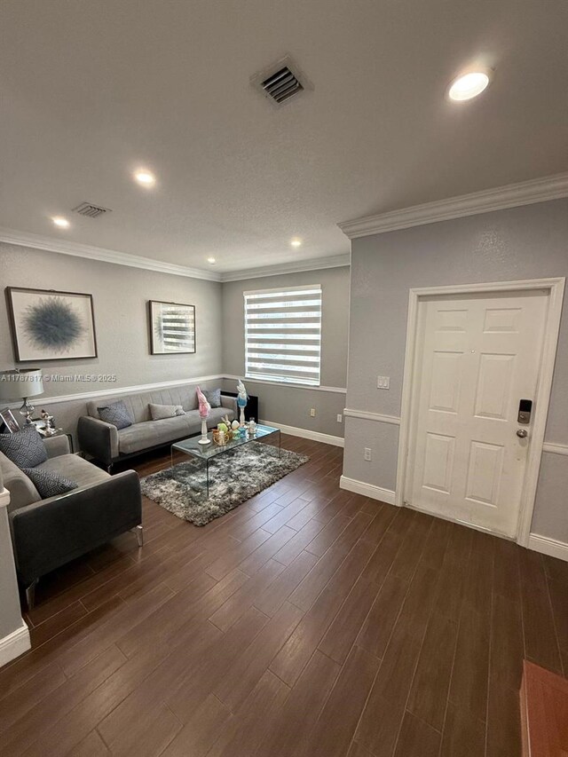 7353 NW 174th Ter Unit 107, Hialeah, FL 33015 - living area featuring crown molding, dark wood-type flooring, and recessed lighting