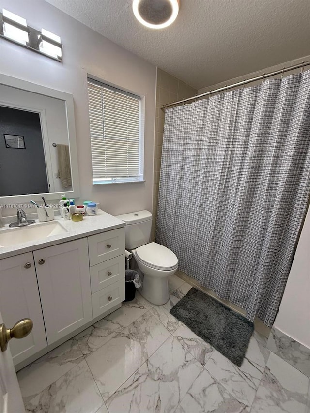 7353 NW 174th Ter Unit 107, Hialeah, FL 33015 - bathroom featuring marble look tiles, vanity, a textured ceiling, and a shower with curtain