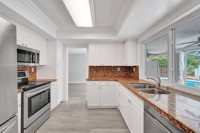 5031 SW 88th Ter, Cooper City, FL 33328 - kitchen featuring appliances with stainless steel finishes, a raised ceiling, dark stone counters, light wood-style floors, and white cabinetry