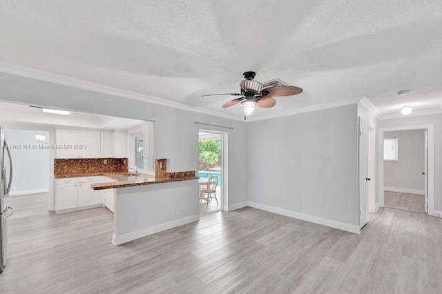 5031 SW 88th Ter, Cooper City, FL 33328 - kitchen with white cabinetry, ceiling fan, a textured ceiling, light wood-style floors, and crown molding