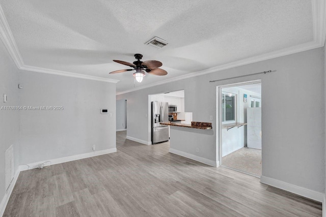 5031 SW 88th Ter, Cooper City, FL 33328 - unfurnished living room featuring a textured ceiling, a ceiling fan, crown molding, and light wood-style floors
