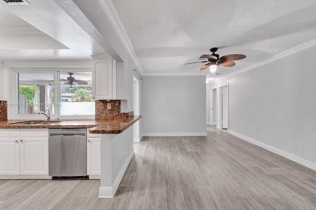 5031 SW 88th Ter, Cooper City, FL 33328 - kitchen with stainless steel dishwasher, a ceiling fan, light wood-type flooring, tasteful backsplash, and dark stone countertops
