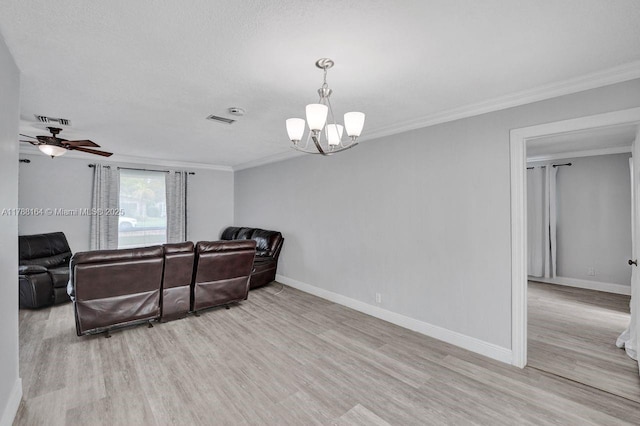5031 SW 88th Ter, Cooper City, FL 33328 - living room featuring light wood-style floors, crown molding, a chandelier, and ceiling fan