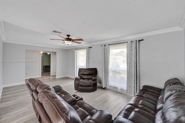 5031 SW 88th Ter, Cooper City, FL 33328 - living area with ornamental molding, a textured ceiling, light wood-style floors, and a ceiling fan