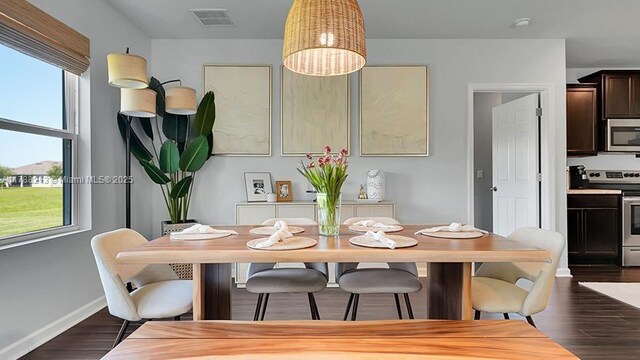 dining area with baseboards, visible vents, and dark wood-type flooring