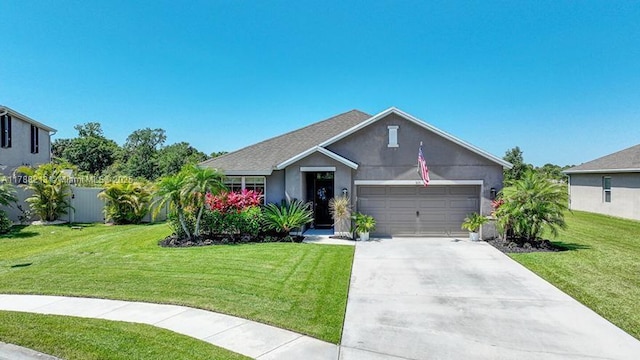 ranch-style house featuring driveway, an attached garage, fence, a front yard, and stucco siding
