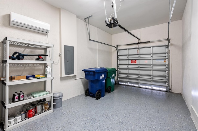 garage featuring electric panel, an AC wall unit, and a garage door opener
