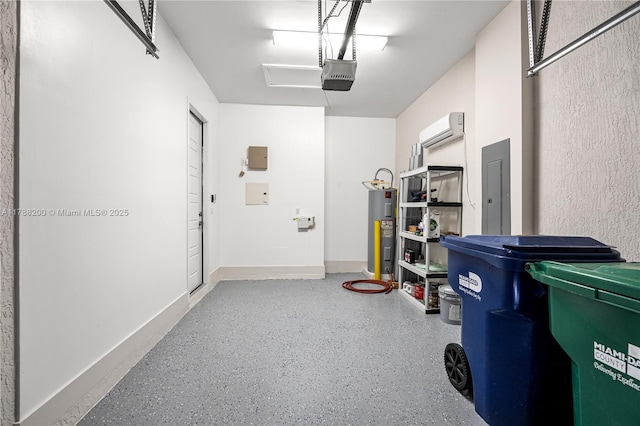 garage with a wall mounted air conditioner, a garage door opener, electric panel, baseboards, and electric water heater