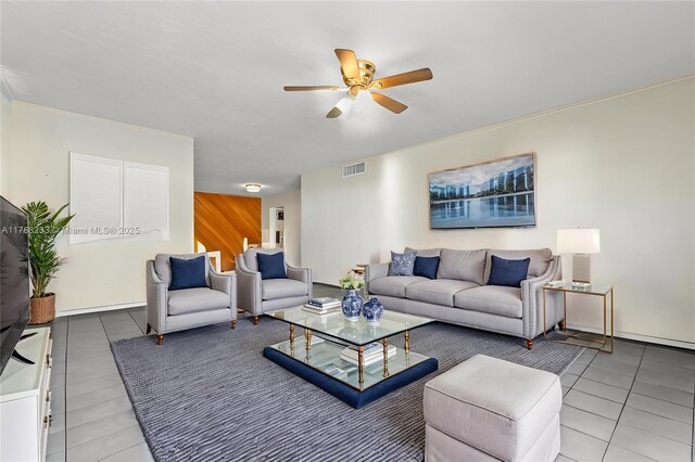 1205 Mariposa Ave Unit 413, Coral Gables, FL 33146 - living room featuring light tile patterned flooring, visible vents, and ceiling fan