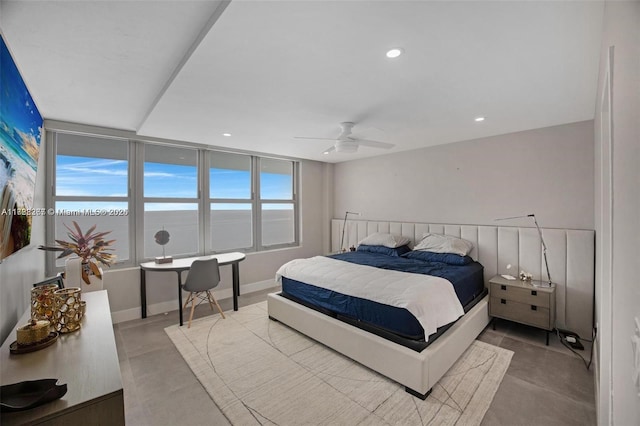2899 Collins Ave Pha, Pha, Miami Beach, FL 33140 - bedroom featuring baseboards, concrete flooring, a ceiling fan, and recessed lighting