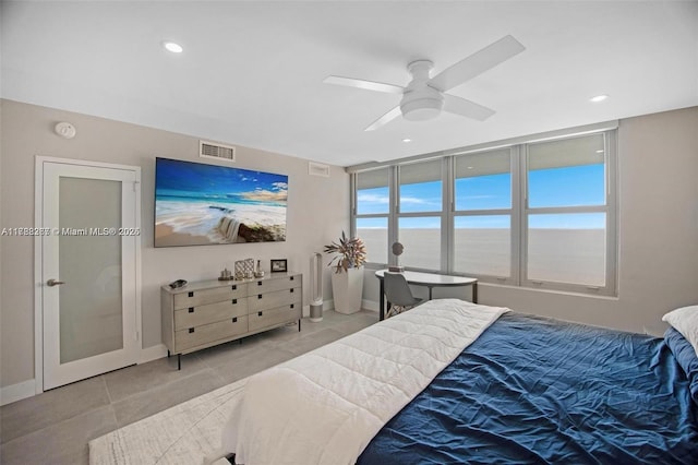 2899 Collins Ave Pha, Pha, Miami Beach, FL 33140 - tiled bedroom with recessed lighting, visible vents, baseboards, and ceiling fan