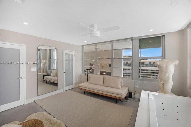 2899 Collins Ave Pha, Pha, Miami Beach, FL 33140 - living area with baseboards, a ceiling fan, french doors, and recessed lighting