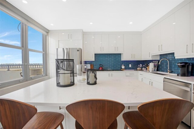2899 Collins Ave Pha, Pha, Miami Beach, FL 33140 - kitchen with white cabinets, dishwasher, a sink, and tasteful backsplash
