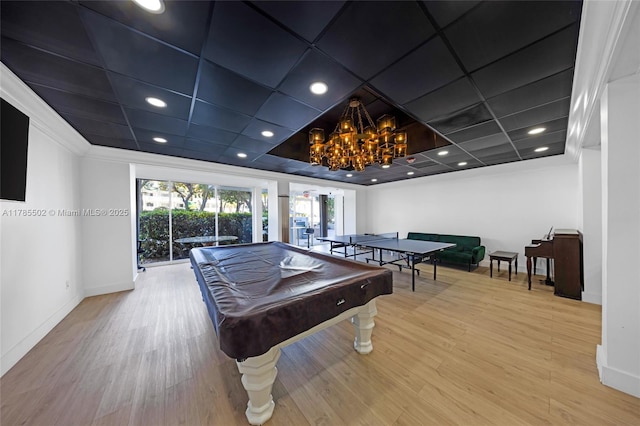 1865 79th St Phi, Csw, Phi, North Bay Village, FL 33141 - playroom featuring baseboards, wood finished floors, crown molding, pool table, and a chandelier