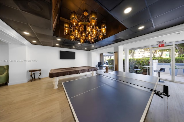 1865 79th St Phi, Csw, Phi, North Bay Village, FL 33141 - recreation room with light wood-type flooring, baseboards, a chandelier, billiards, and recessed lighting