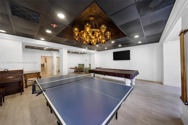 1865 79th St Phi, Csw, Phi, North Bay Village, FL 33141 - recreation room with billiards table, light wood finished floors, a chandelier, baseboards, and recessed lighting