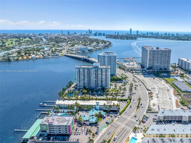 1865 79th St Phi, Csw, Phi, North Bay Village, FL 33141 - drone / aerial view of city skyline, a main thoroughfare, and a nearby body of water