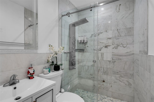 1814 NW 73rd St, Miami, FL 33147 - full bathroom featuring a marble finish shower, toilet, vanity, and backsplash