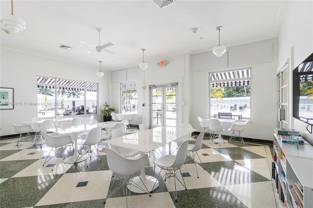 4925 Collins Ave Unit 8G, Miami Beach, FL 33140 - dining space featuring ceiling fan, tile patterned floors, and visible vents